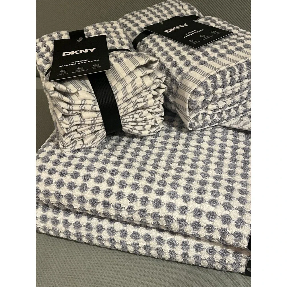 DKNY 2 Bath & 2 Hand Towels & 4 Washcloths Gingham Monet Tile Blue Check 8 Piece